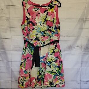 Eliza J Pink Floral Midi Dress with Black Sash